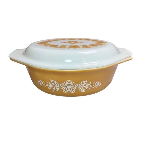 VTG 70s Pyrex Butterfly Gold 1.5 quart Oval Casserole Baking Dish with Lid - Picture 1 of 13